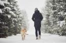 woman walking with her dog in snow